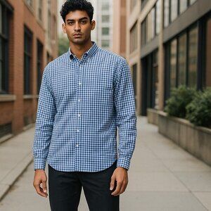 Blue White Gingham Shirt Size Large Check Button Down Front Long Sleeve